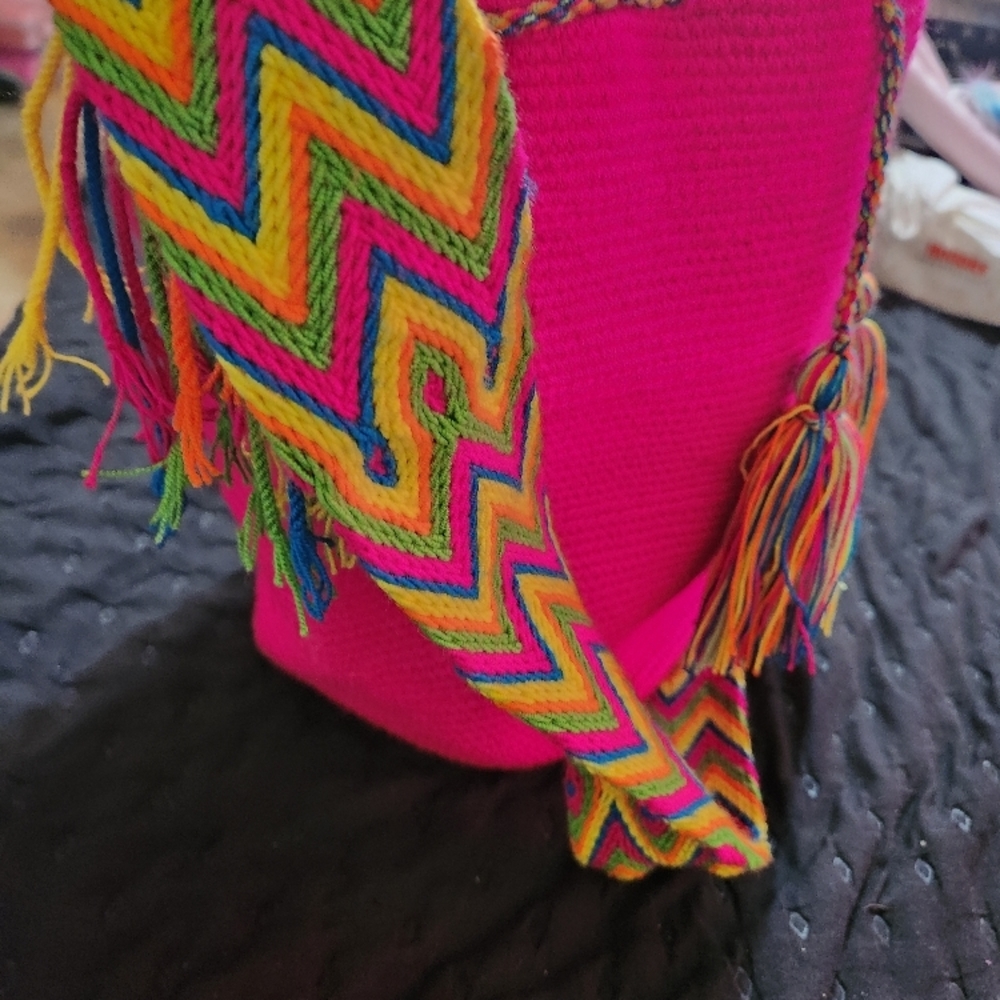 Brough straight from Colombia!! Vibrant Pink Woven Bag with Multicolor Strap